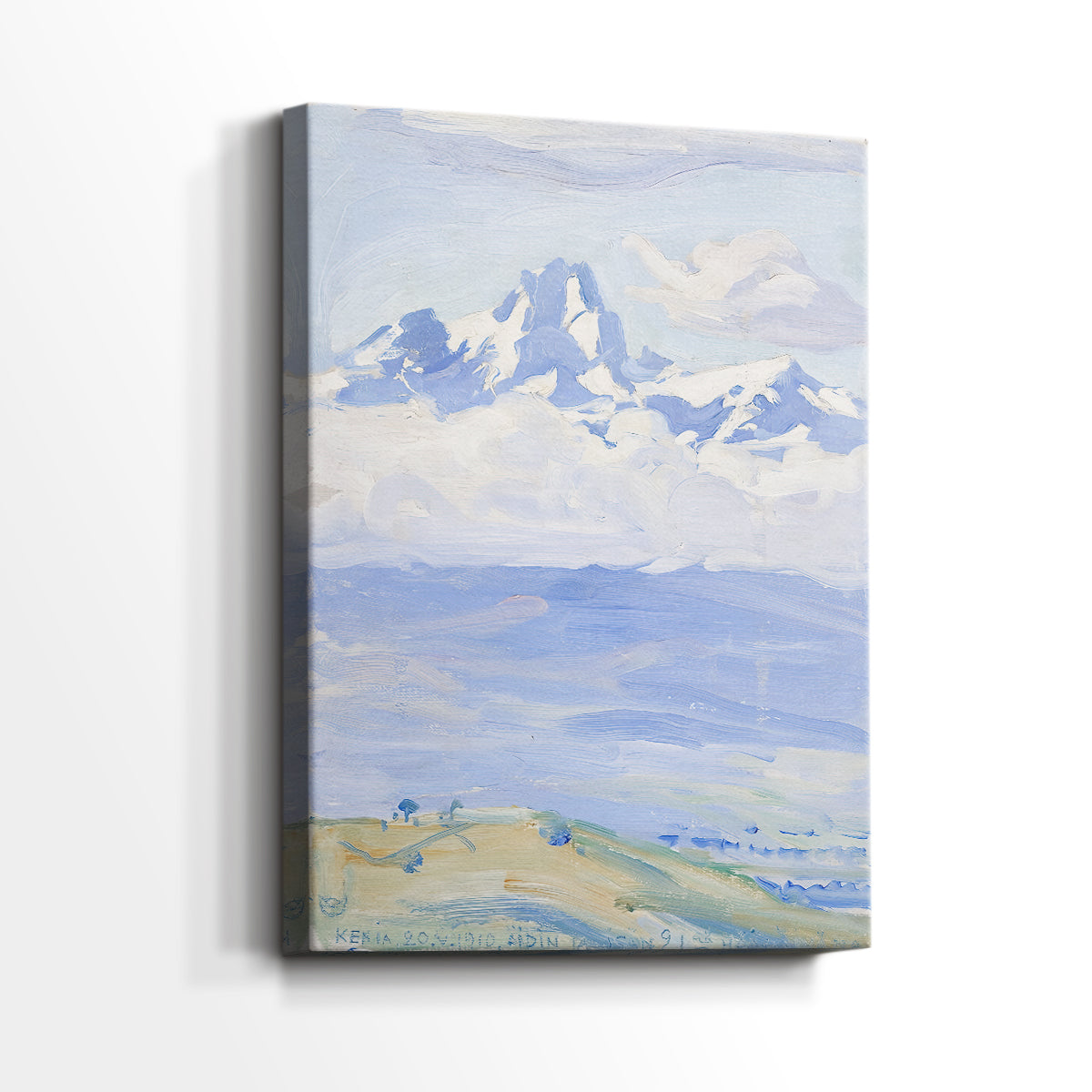 Side view of a canvas art print of a minimalist mountain scene with wide sky and distant horizon, showing gallery-wrapped depth.