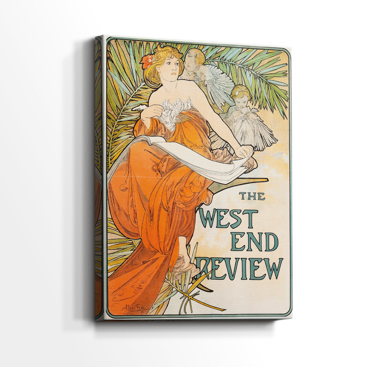 Side view of a canvas art print of a decorative poster with flowing lines and elegant composition, showing gallery-wrapped depth.