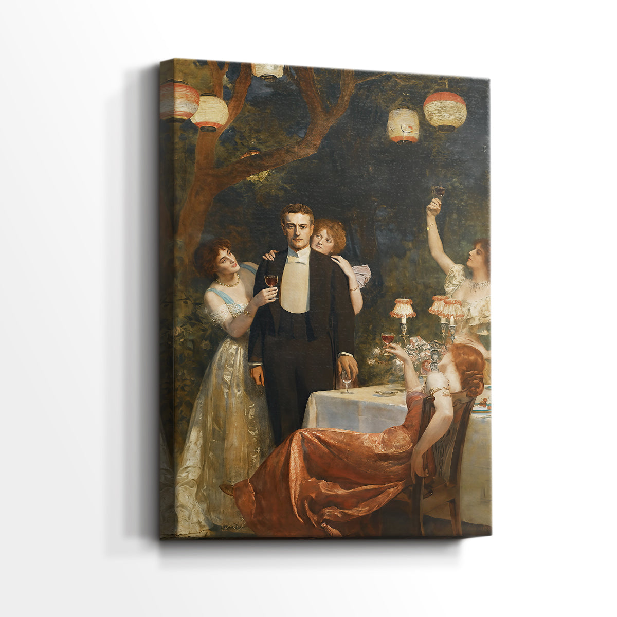 Side view of a canvas art print of a decorative scene with soft light and layered foliage, showing gallery-wrapped depth.