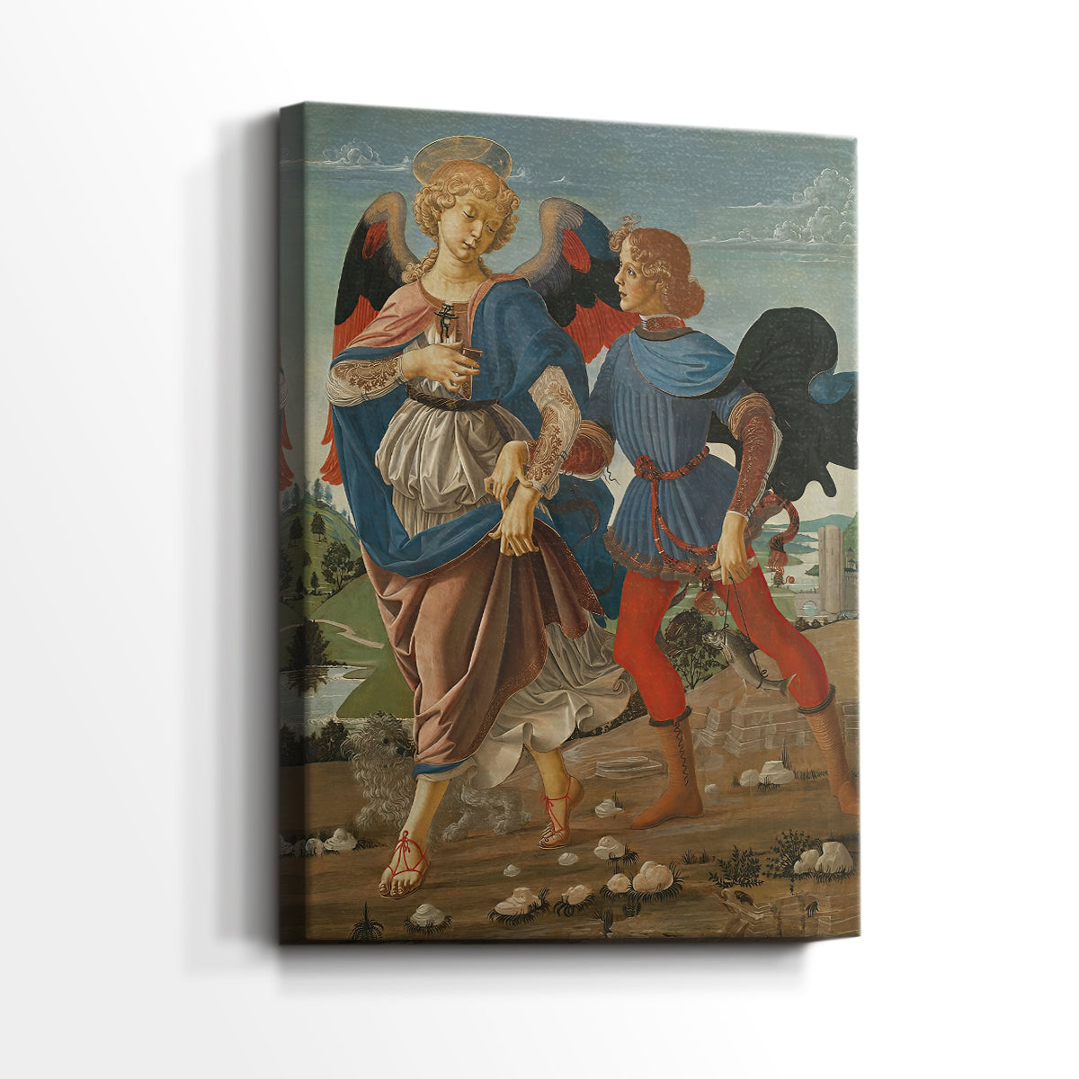 Side view of a canvas art print of a refined scene with gentle tones and classical structure, showing gallery-wrapped depth.