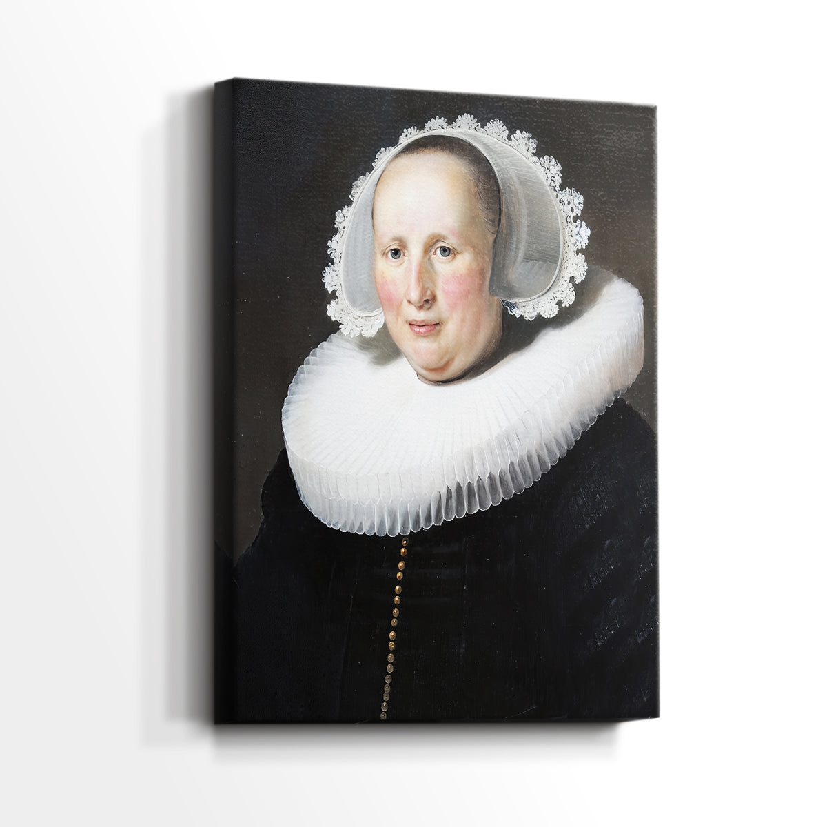 Side view of a canvas art print of a composed portrait with gentle tones and minimal background, showing gallery-wrapped depth.