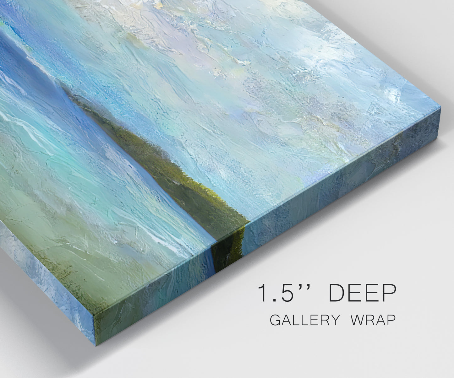 Close-up view of wrapped canvas corner featuring narrow island inlet waters.