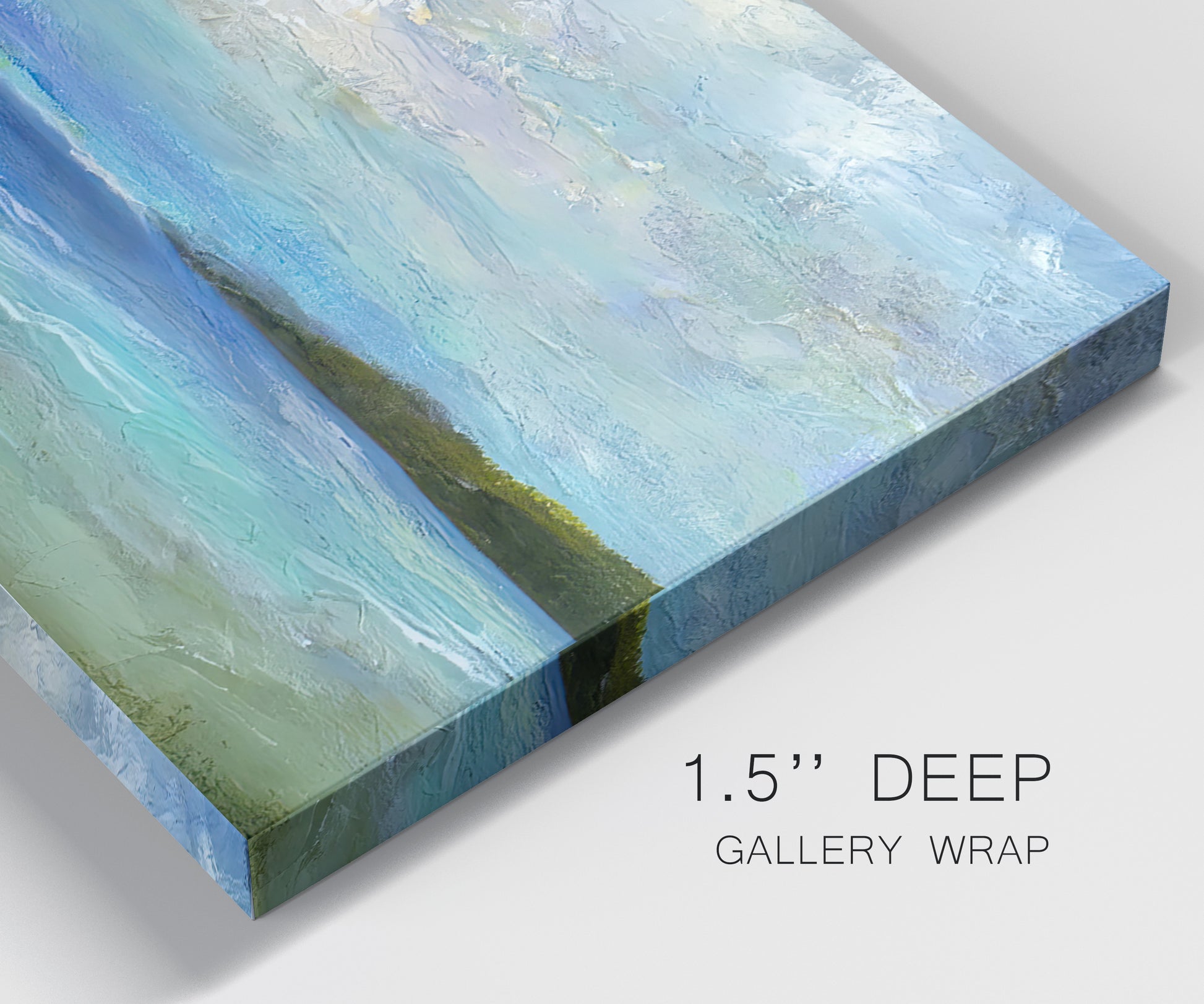 Close-up view of wrapped canvas corner featuring narrow island inlet waters.