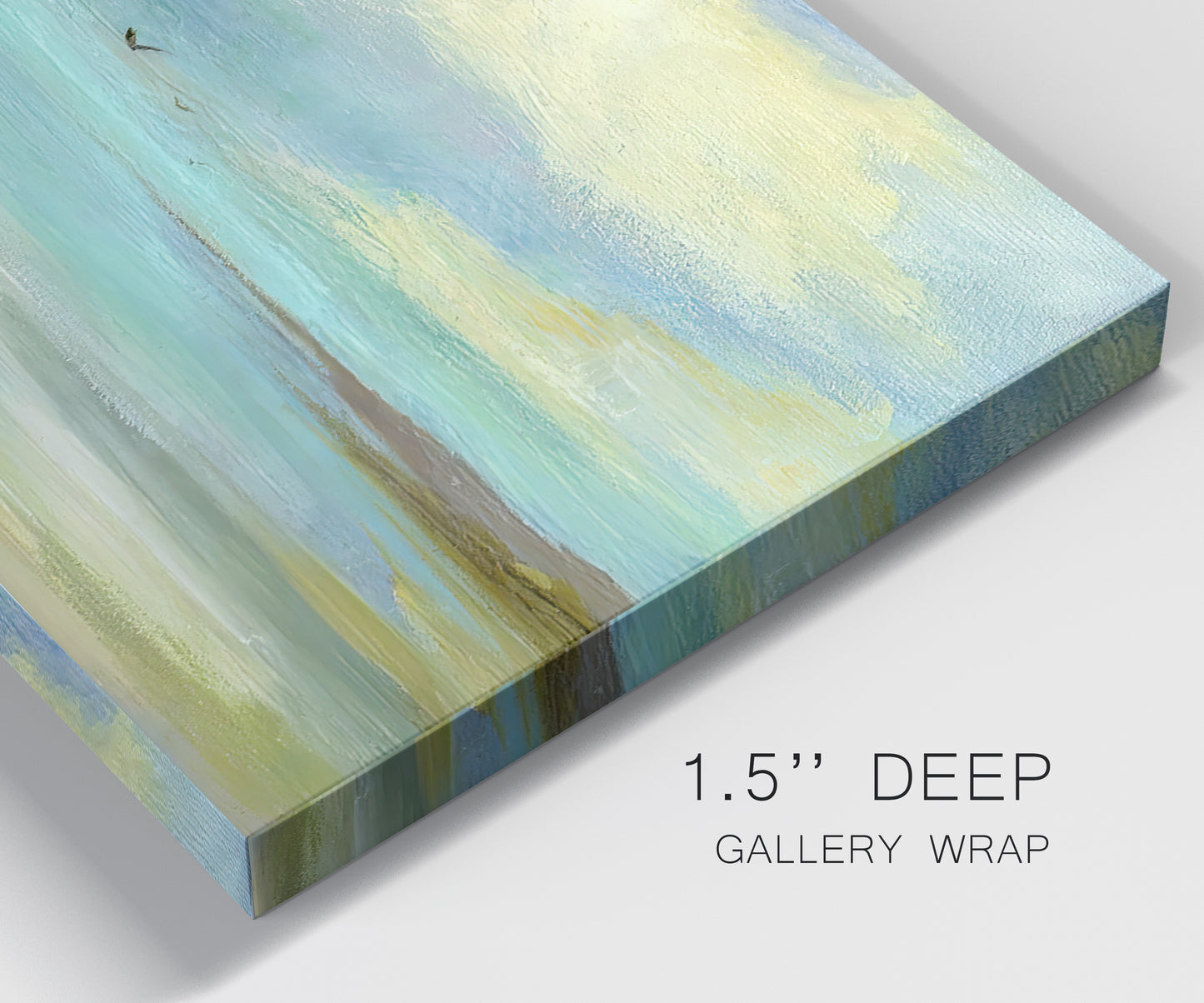 Close-up view of wrapped canvas corner featuring calm coastal drift patterns.