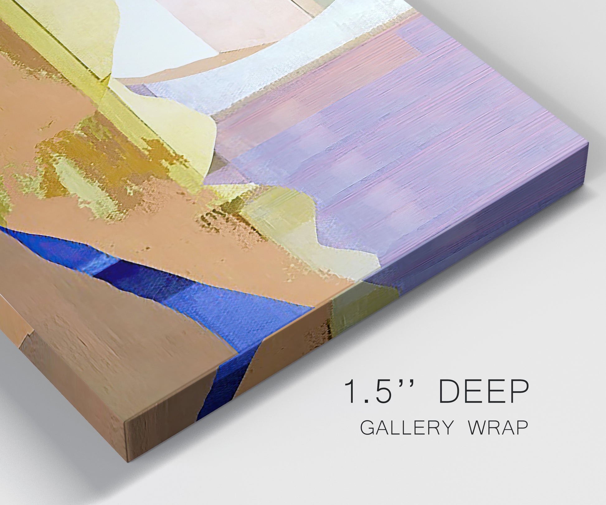 Close-up view of wrapped canvas corner featuring mid century geometric pink abstraction.