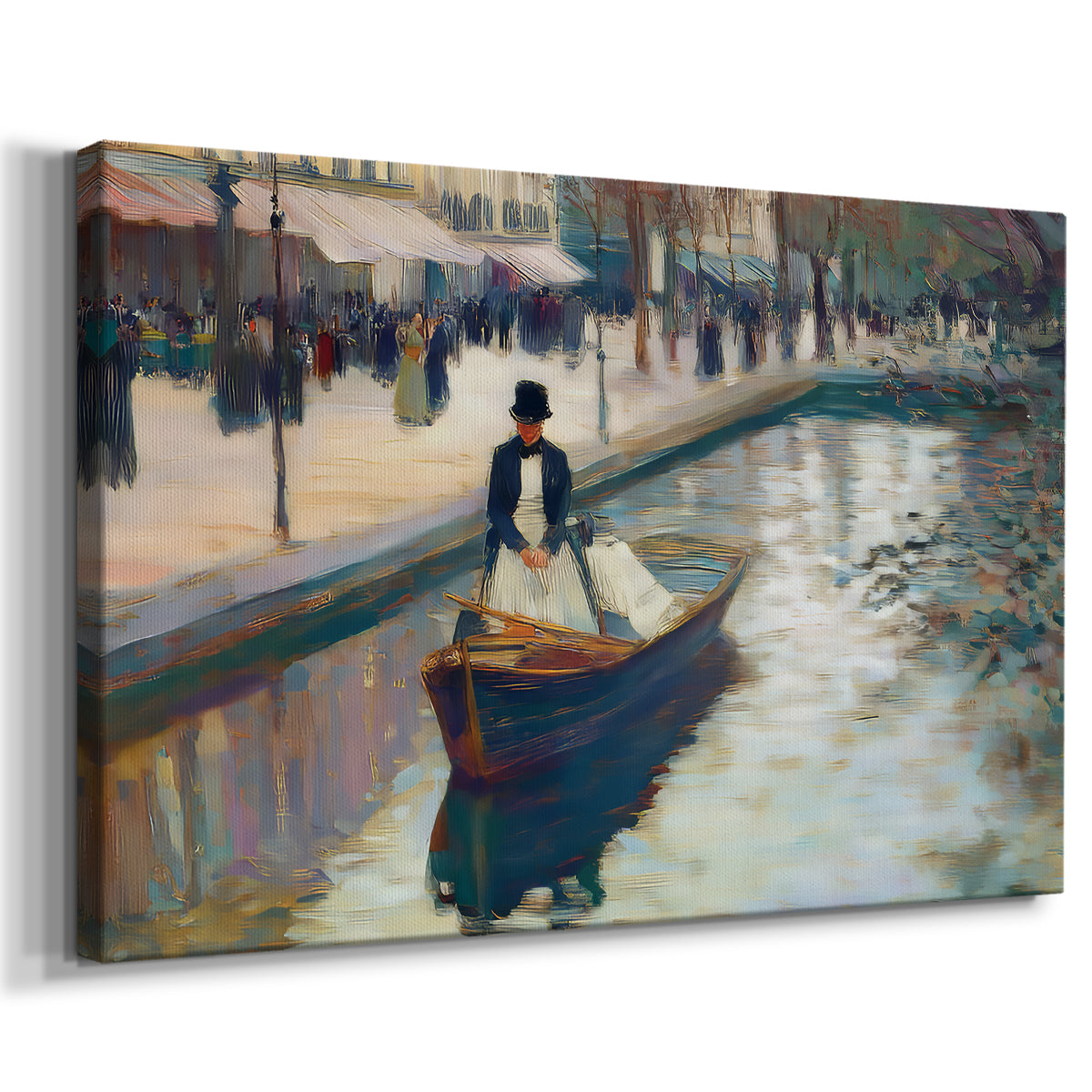 boat,canal,water,afternoon,person,urban,architecture,reflection,pedestrians,attire,serene,scenic,leisurely,transportation,nature,environment,city,travel,lifestyle,elegance,calm,couple,rowing,tranquility,park,historic,promenade,shadow,colors,beauty,art,picturesque,vintage,cultural,tradition,views,scenery,leisure,heritage,stroll,experience,charm,activity