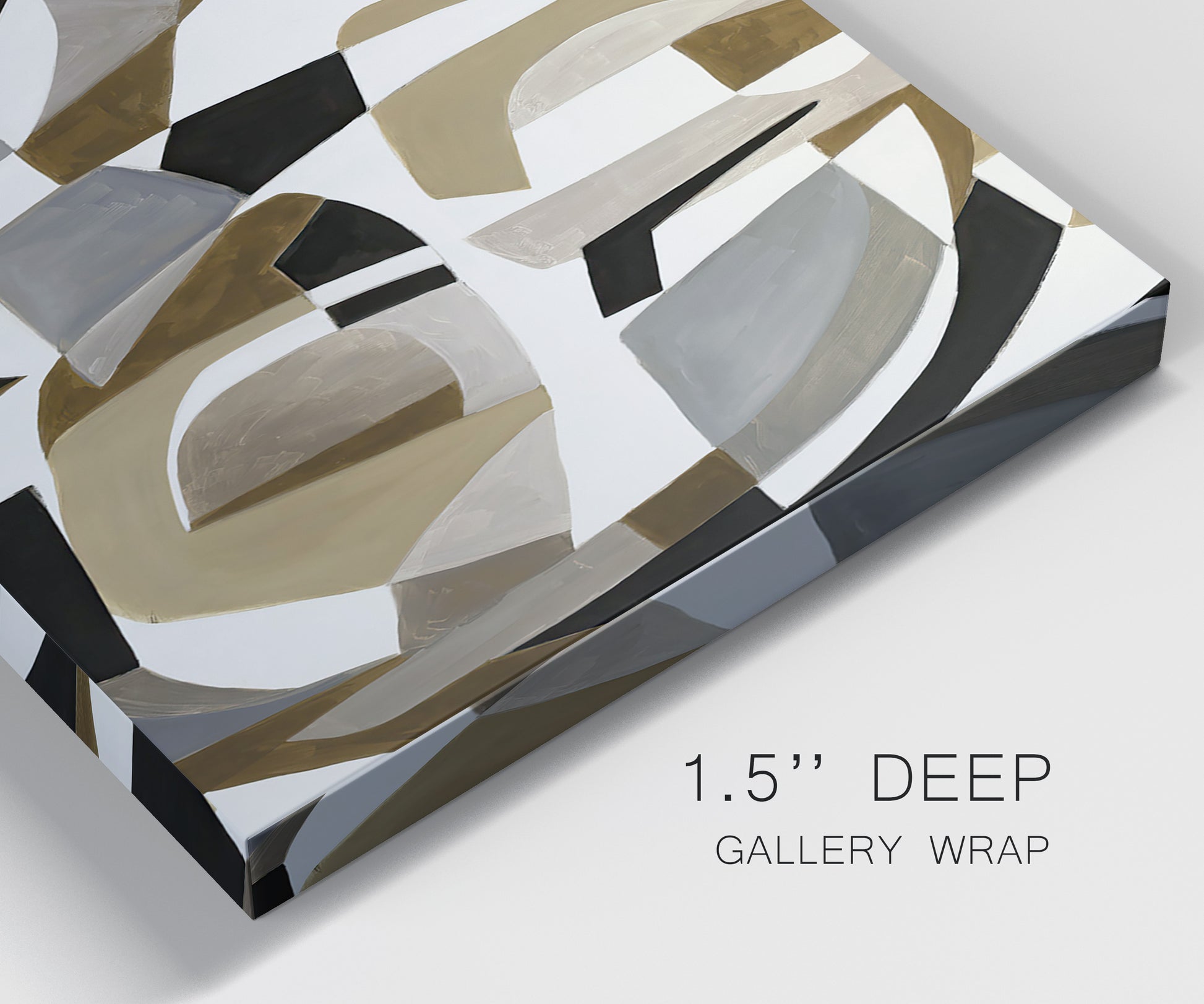 Close-up view of wrapped canvas corner featuring overlapping mid century geometric shapes.