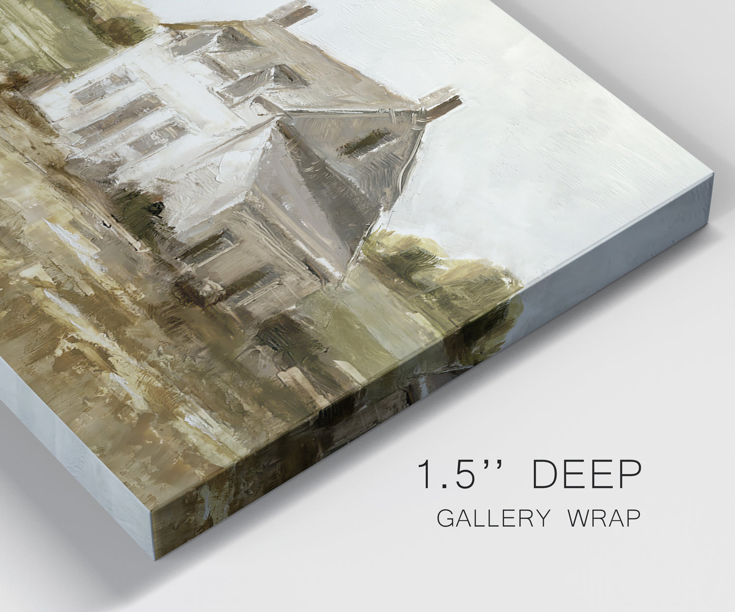 Close-up view of wrapped canvas corner featuring rural farmhouse harvest landscape.