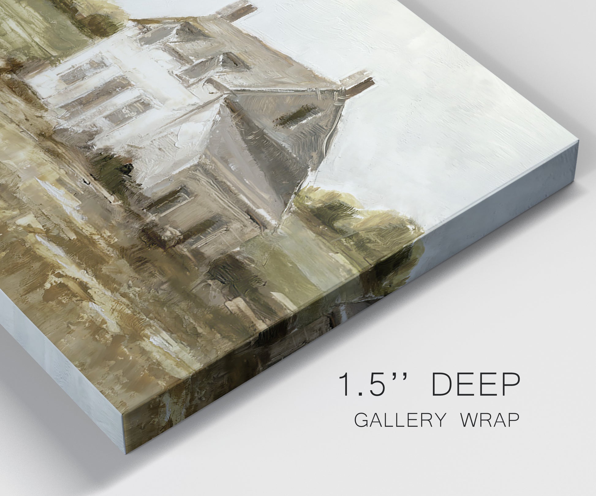 Close-up view of wrapped canvas corner featuring rural farmhouse harvest landscape.