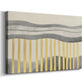 Abstract painting featuring Gray and yellow stripes and lines creating a modern art composition displayed in a minimalistic setting