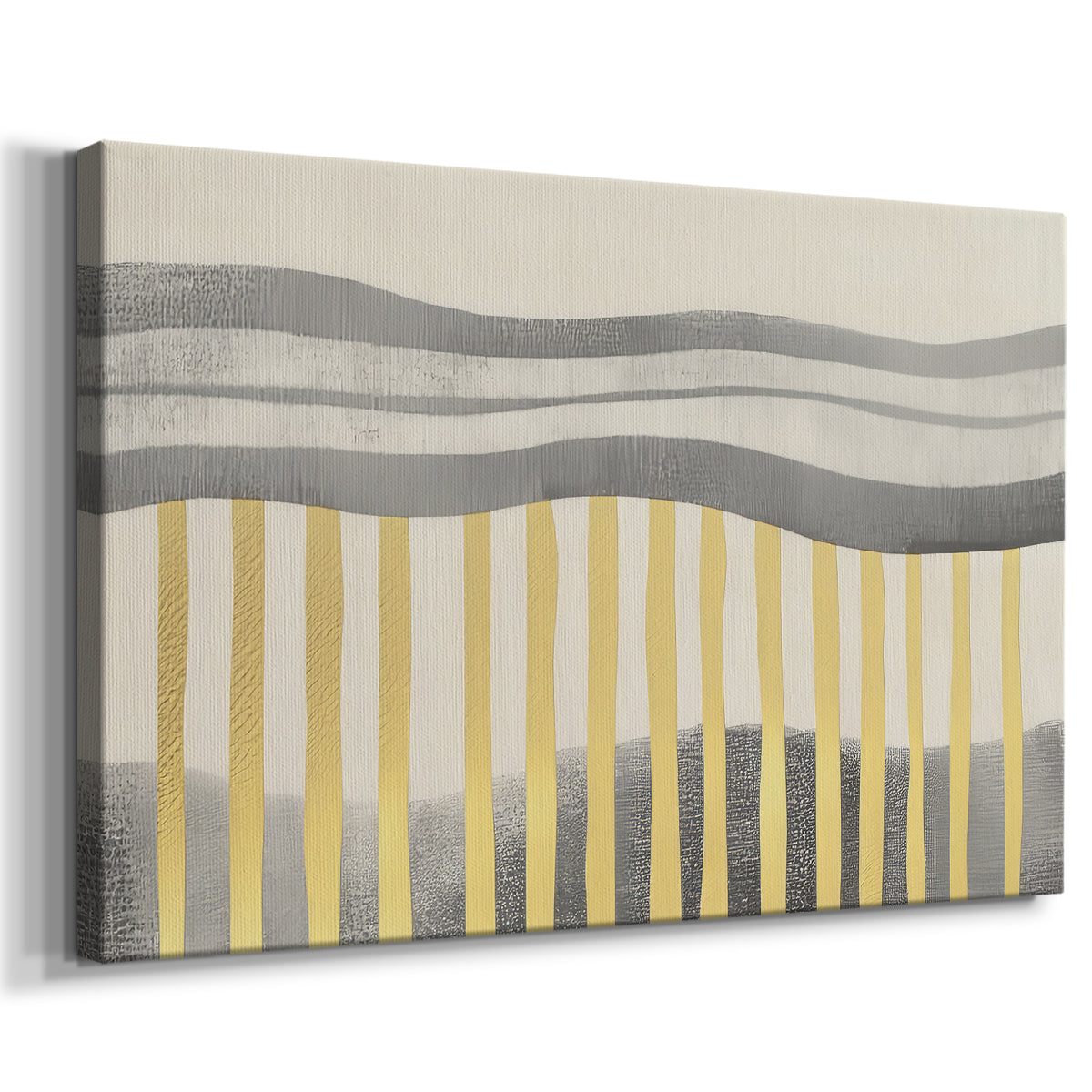 Abstract painting featuring Gray and yellow stripes and lines creating a modern art composition displayed in a minimalistic setting