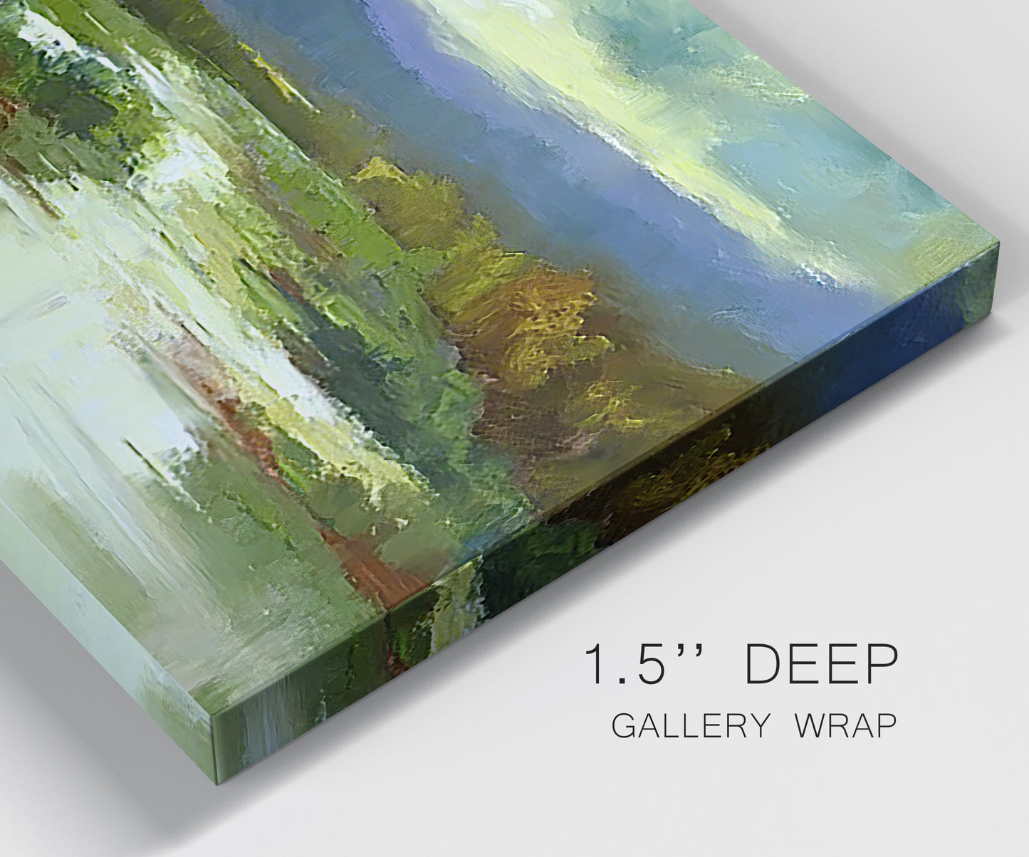 Close-up view of wrapped canvas corner featuring open meadow landscape with distant hills.