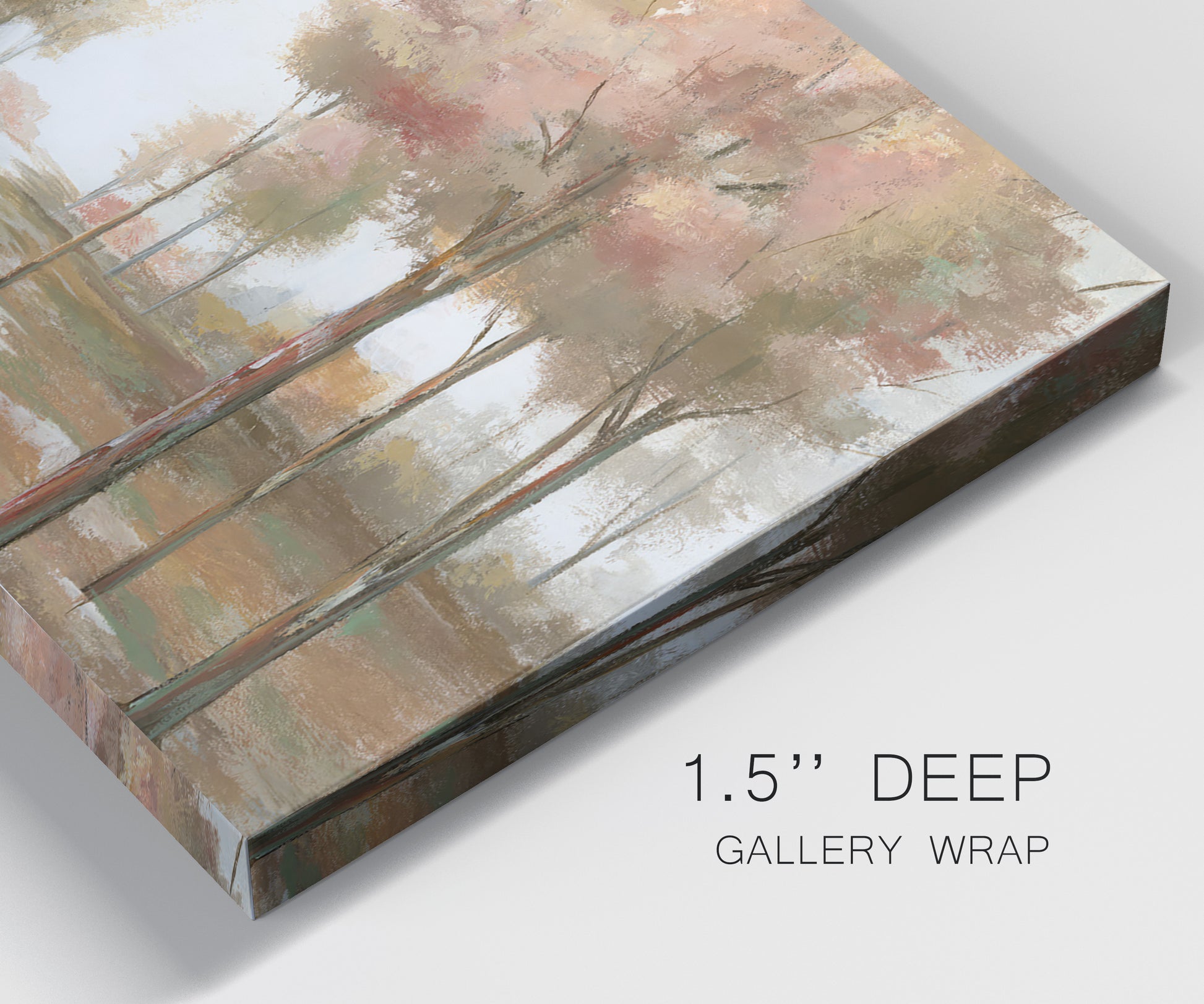 Close-up view of wrapped canvas corner featuring soft pastel park landscape scene.