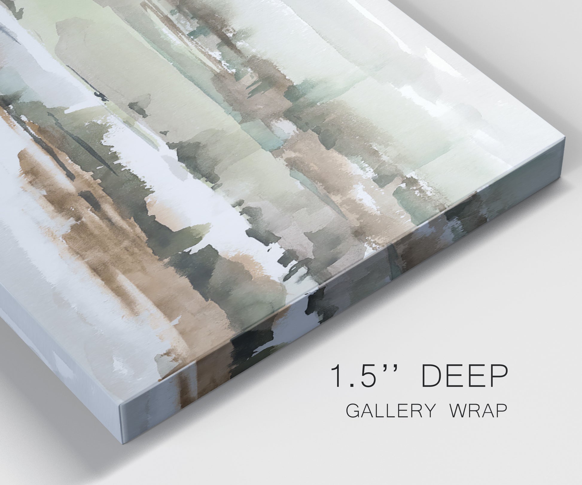 Close-up view of wrapped canvas corner featuring layered turquoise and earth tones abstract.