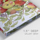 Close-up view of wrapped canvas corner featuring apples hanging from branch.