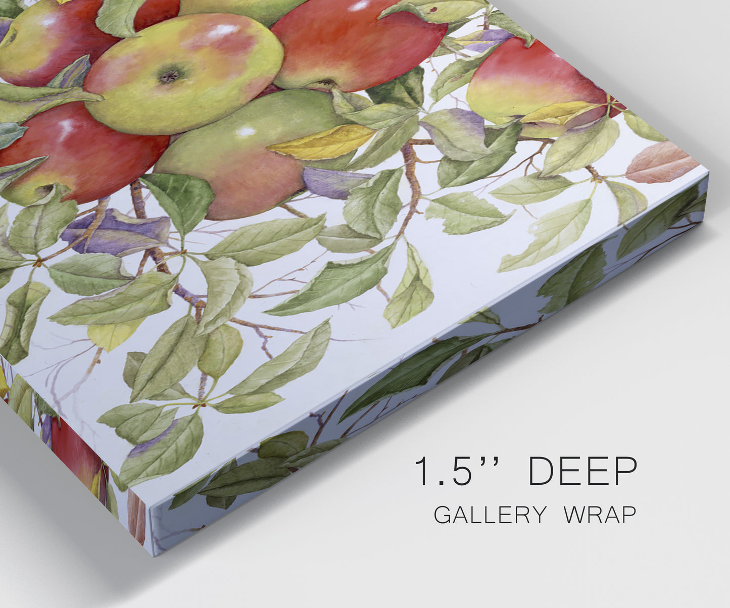 Close-up view of wrapped canvas corner featuring apples hanging from branch.