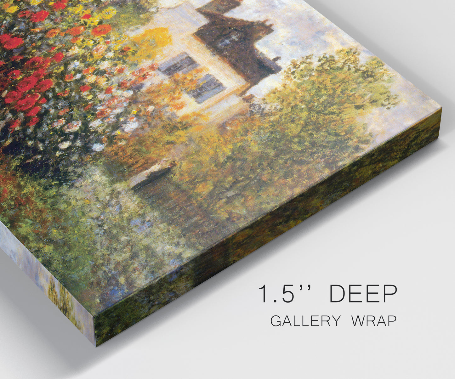 Close-up view of wrapped canvas corner featuring farm buildings in rural normandy.