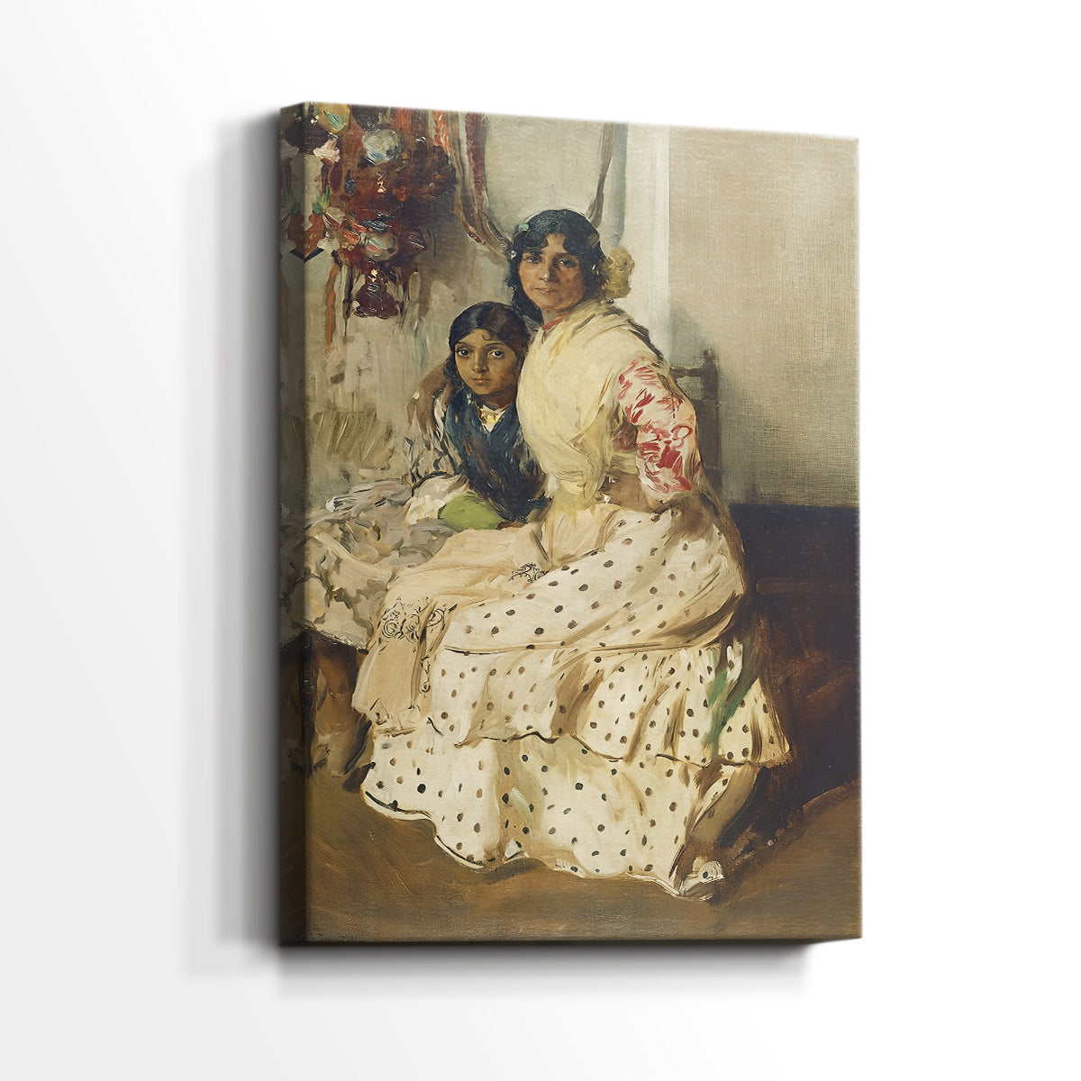 Side view of a canvas art print of a calm scene with figures in a domestic setting, showing gallery-wrapped depth.
