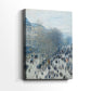 Side view of a canvas art print of an urban scene with movement and muted winter tones, showing gallery-wrapped depth.