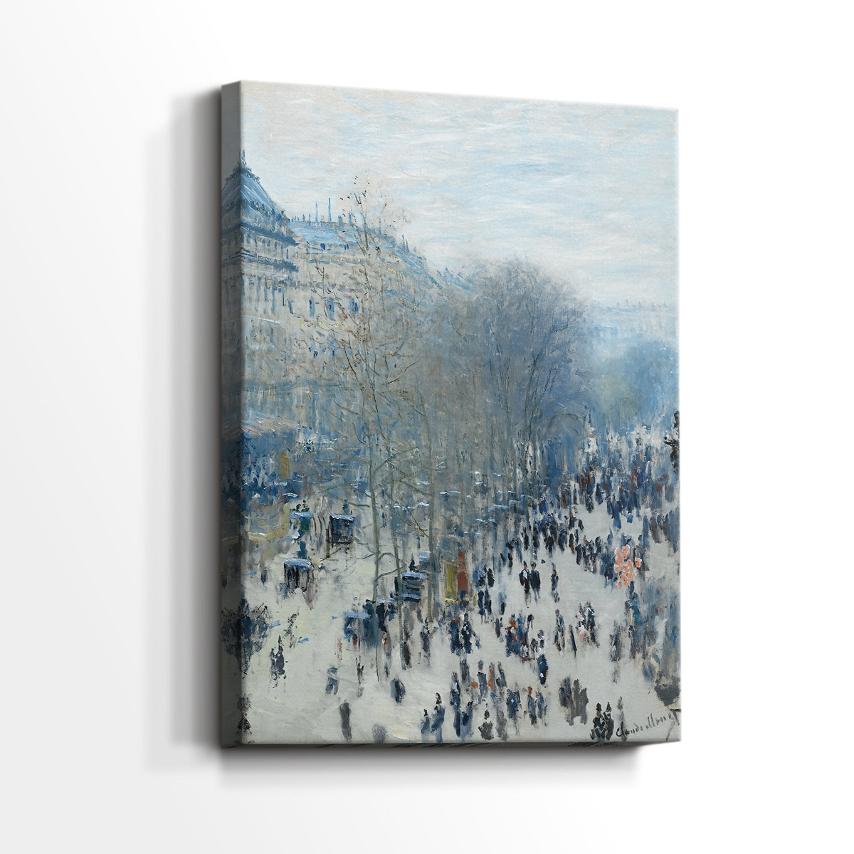 Side view of a canvas art print of an urban scene with movement and muted winter tones, showing gallery-wrapped depth.