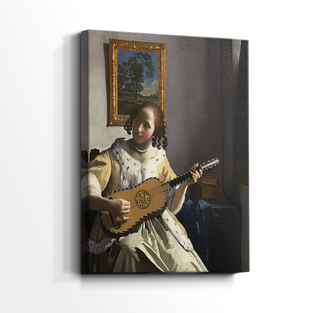 Side view of a canvas art print of a calm composition with instrument and gentle light, showing gallery-wrapped depth.
