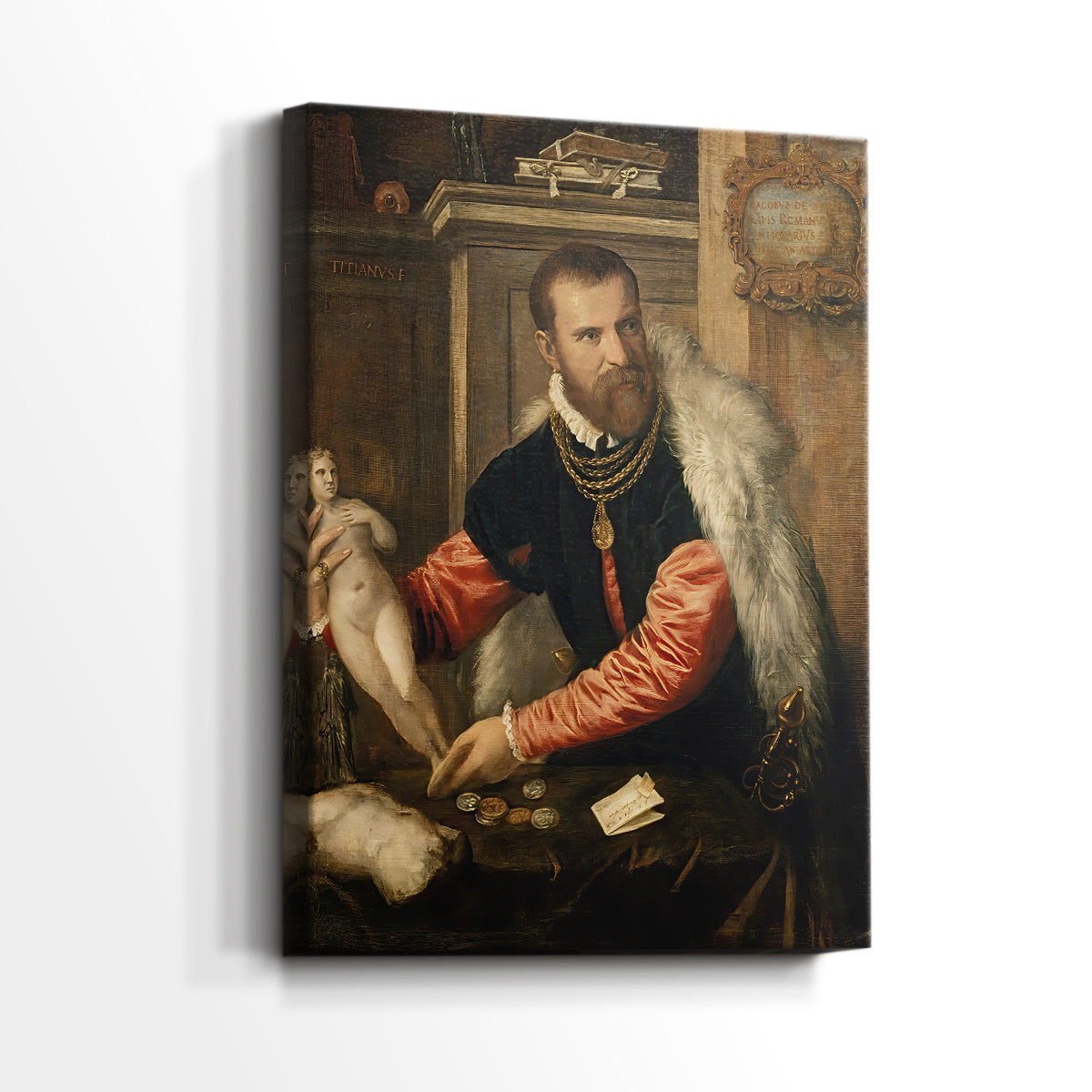 Side view of a canvas art print of a composed portrait with layered detail and soft light, showing gallery-wrapped depth.
