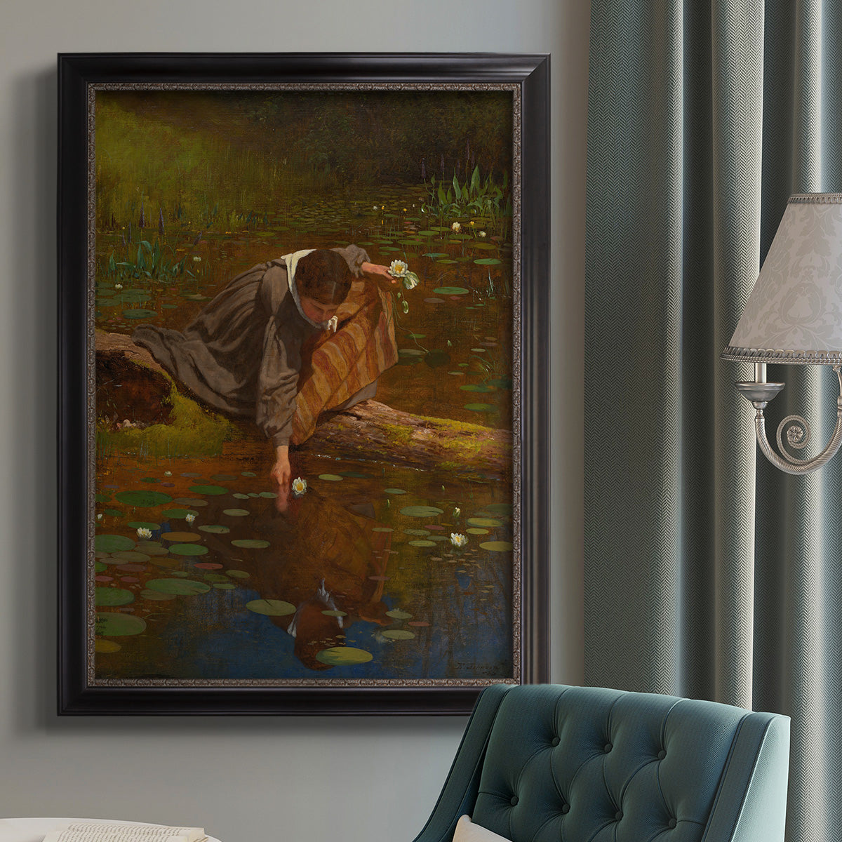 Realist genre painting of figures gathering lilies by Eastman Johnson in an {frame_style_descriptor} displayed in a neutral interior setting.