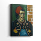 Side view of a canvas art print of a stylized portrait with energetic brushwork and contrast, showing gallery-wrapped depth.