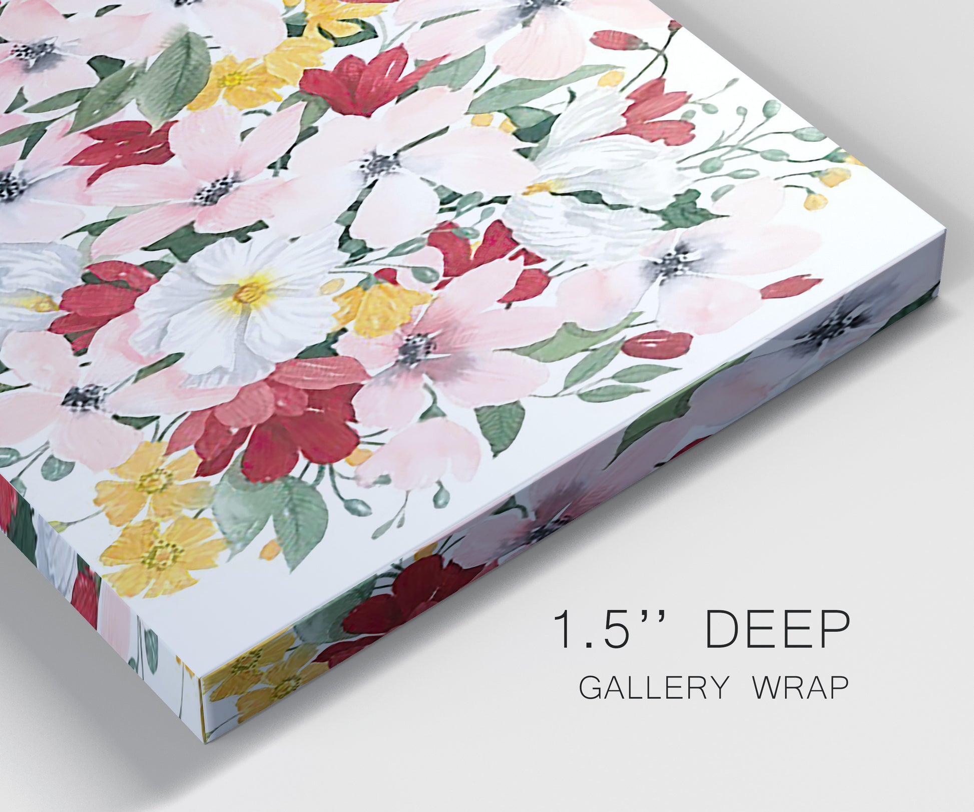 Close-up view of wrapped canvas corner featuring joyful spring floral composition.