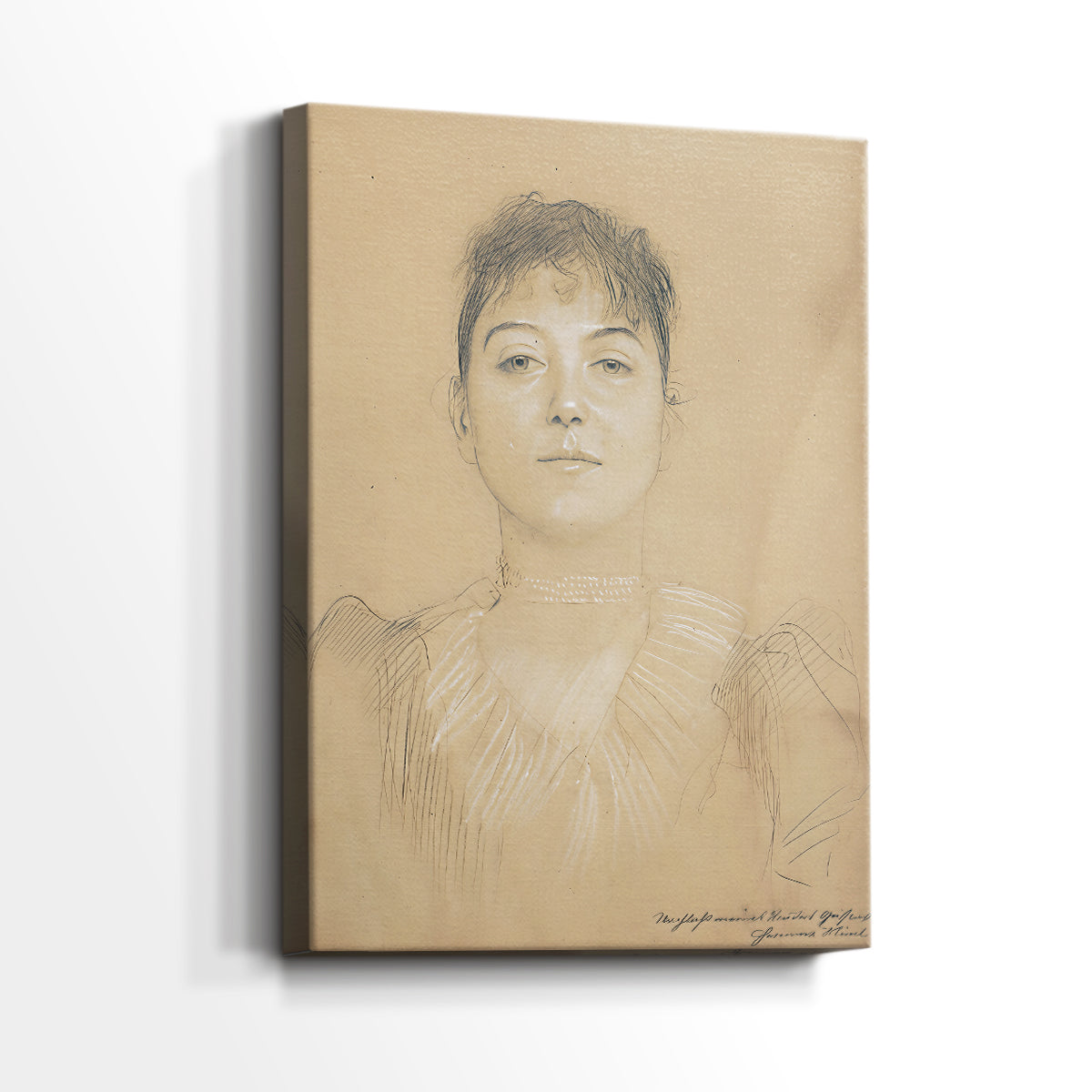 Side view of a canvas art print of a subtle portrait with smooth lines and calm expression, showing gallery-wrapped depth.