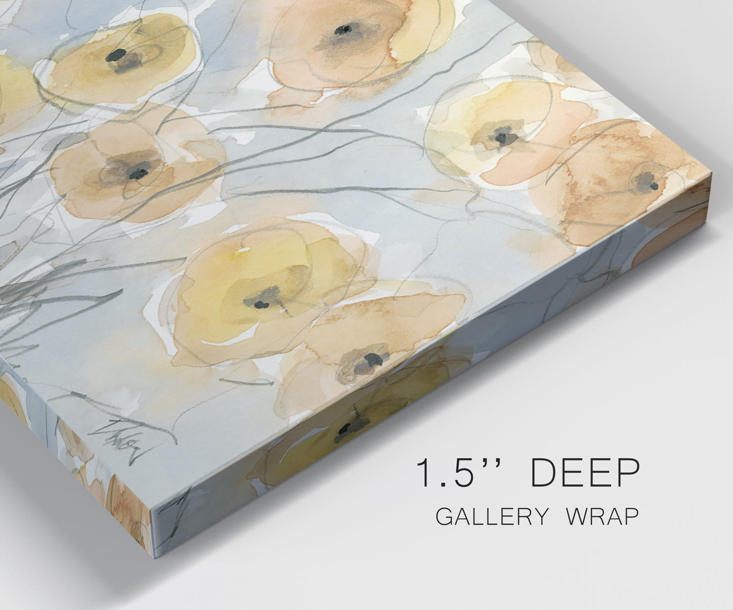 Close-up view of wrapped canvas corner featuring minimalist poppies at sunset.