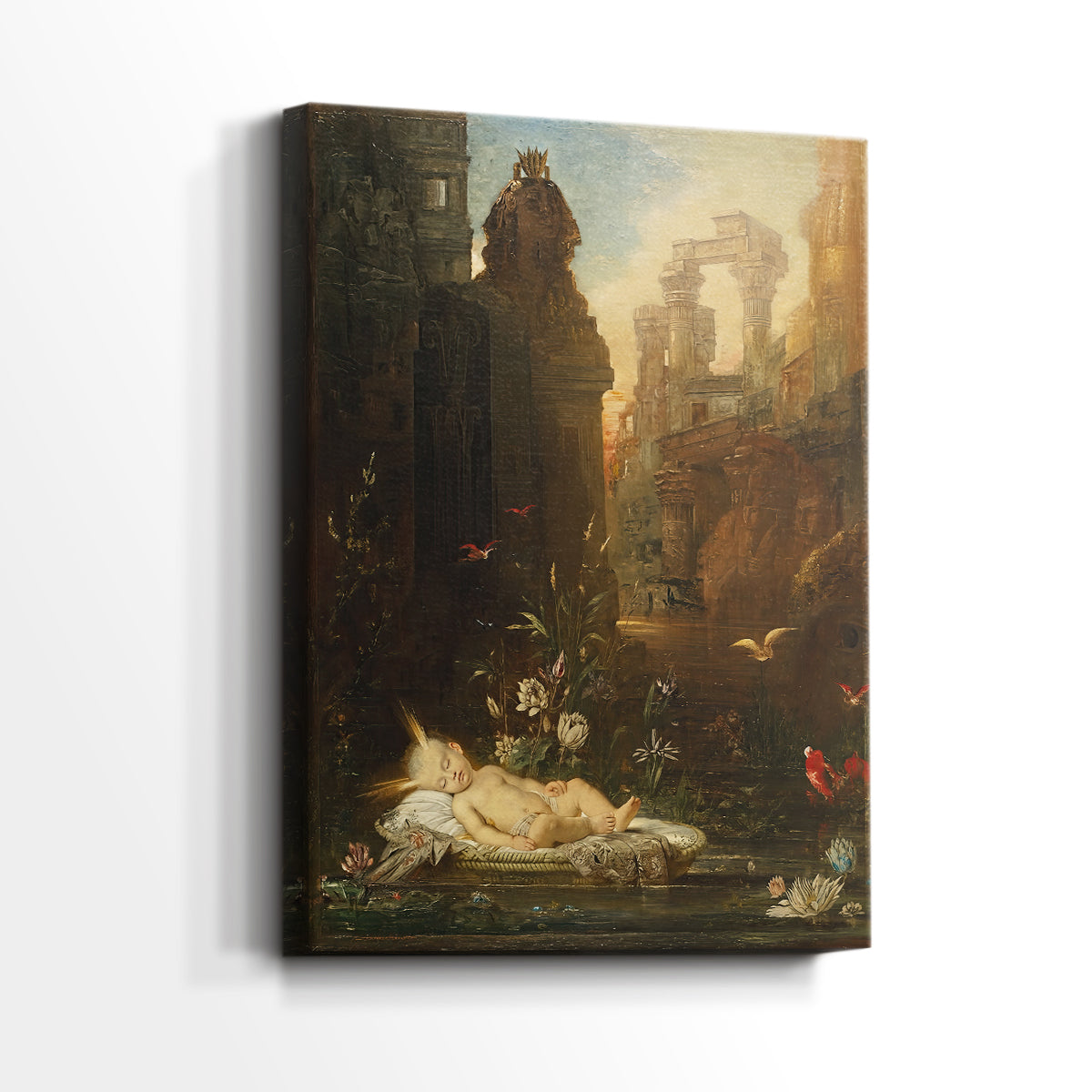 Side view of a canvas art print of a narrative scene with a child and surrounding forms, showing gallery-wrapped depth.