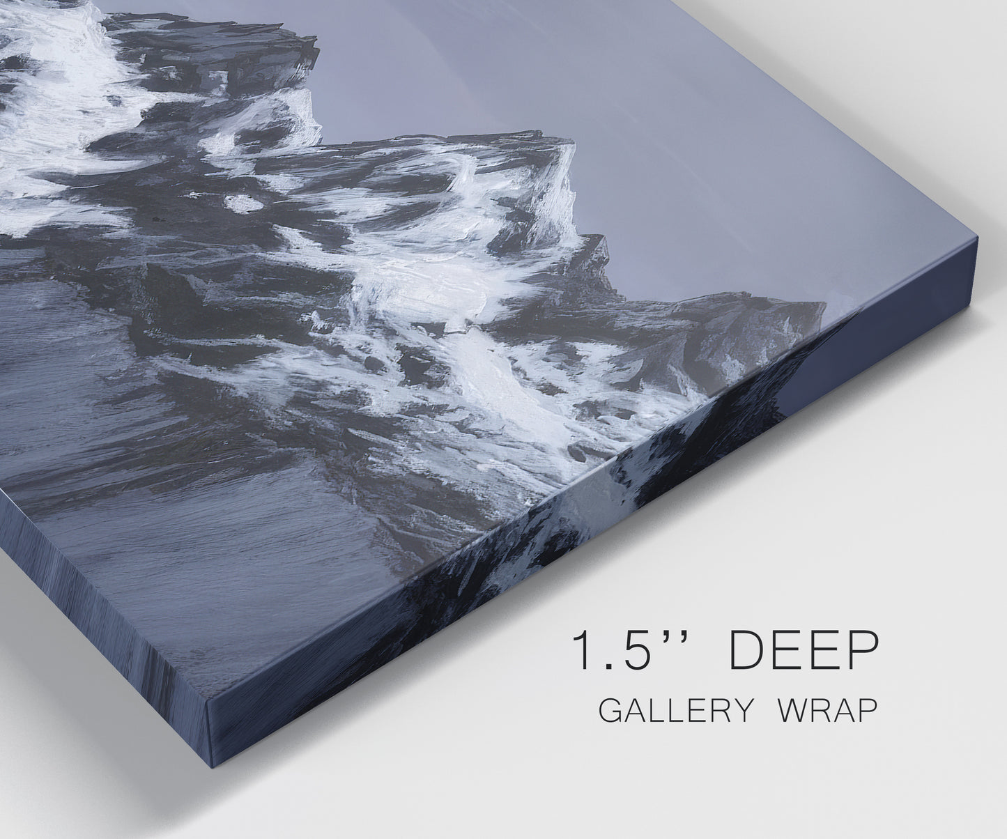 Close-up view of wrapped canvas corner featuring moonlit mountain peaks under night sky.