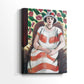 Side view of a canvas art print of a modern portrait with flat tones and clean outlines, showing gallery-wrapped depth.