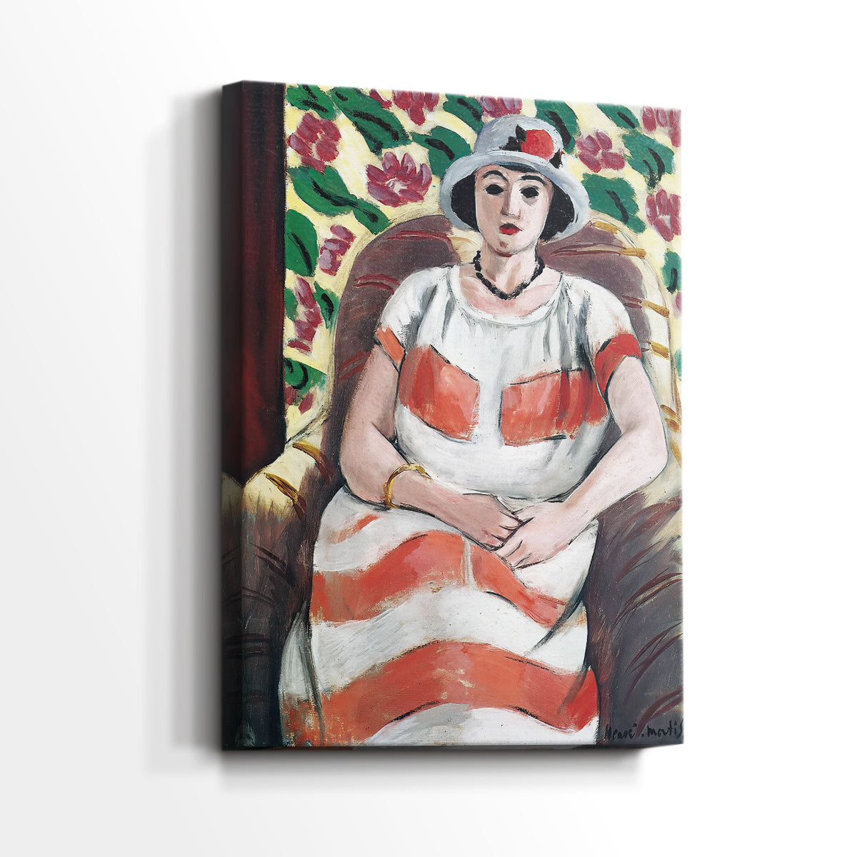 Side view of a canvas art print of a modern portrait with flat tones and clean outlines, showing gallery-wrapped depth.