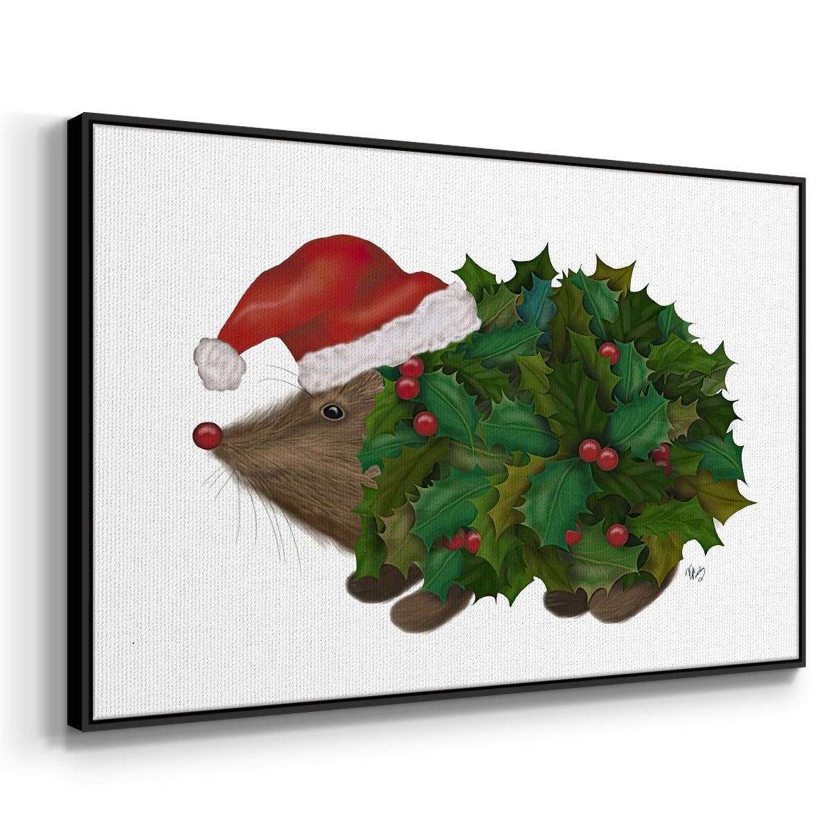 Christmas Holly Hedgehog - Framed Gallery Wrapped Canvas in Floating Frame