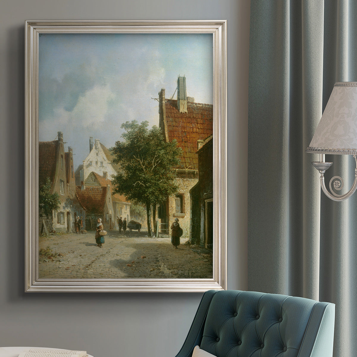 Rustic European street scene painting by Adriaan Eversen in an {frame_style_descriptor} displayed in a neutral interior setting.