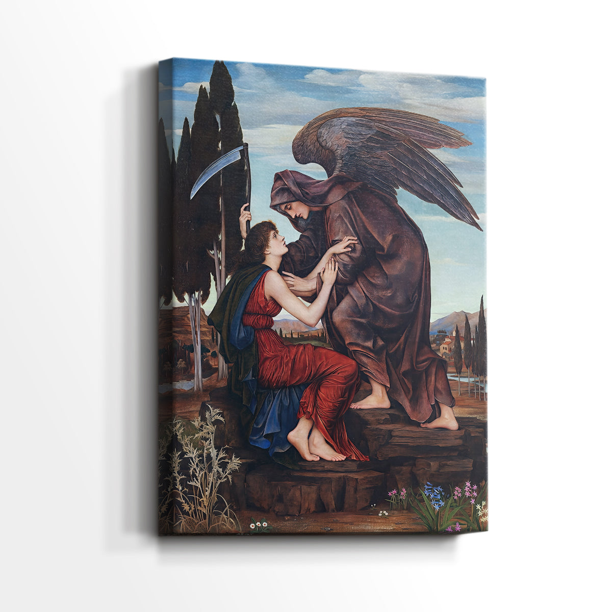 Side view of a canvas art print of a powerful figure with wings in a moody composition, showing gallery-wrapped depth.