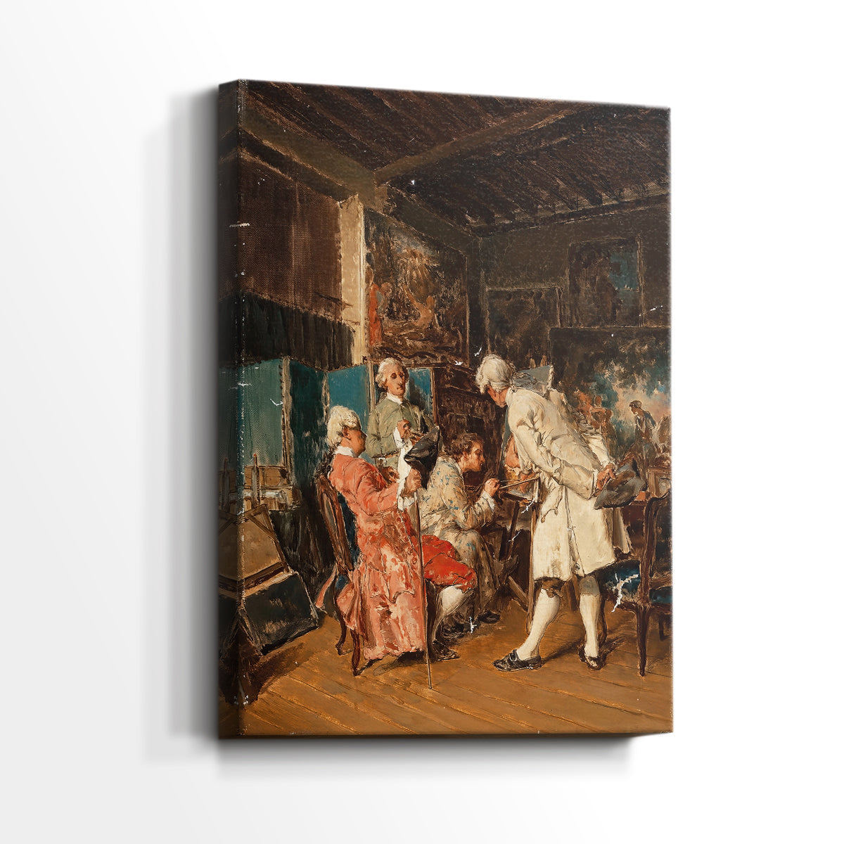 Side view of a canvas art print of a detailed interior with figures observing framed paintings, showing gallery-wrapped depth.