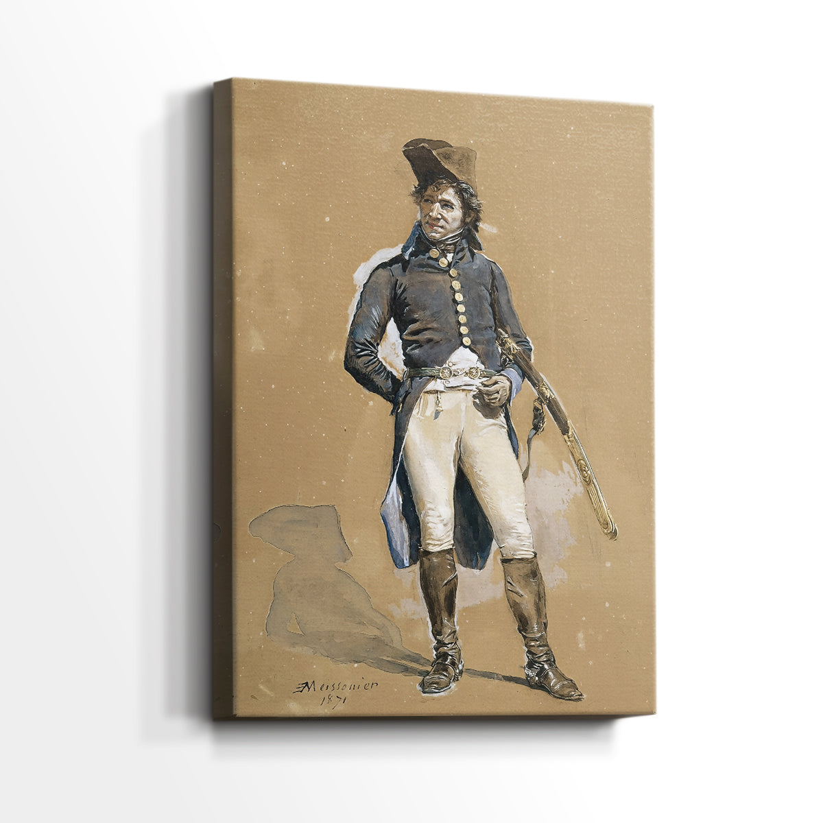 Side view of a canvas art print of a classic portrait with precise clothing and subtle tones, showing gallery-wrapped depth.