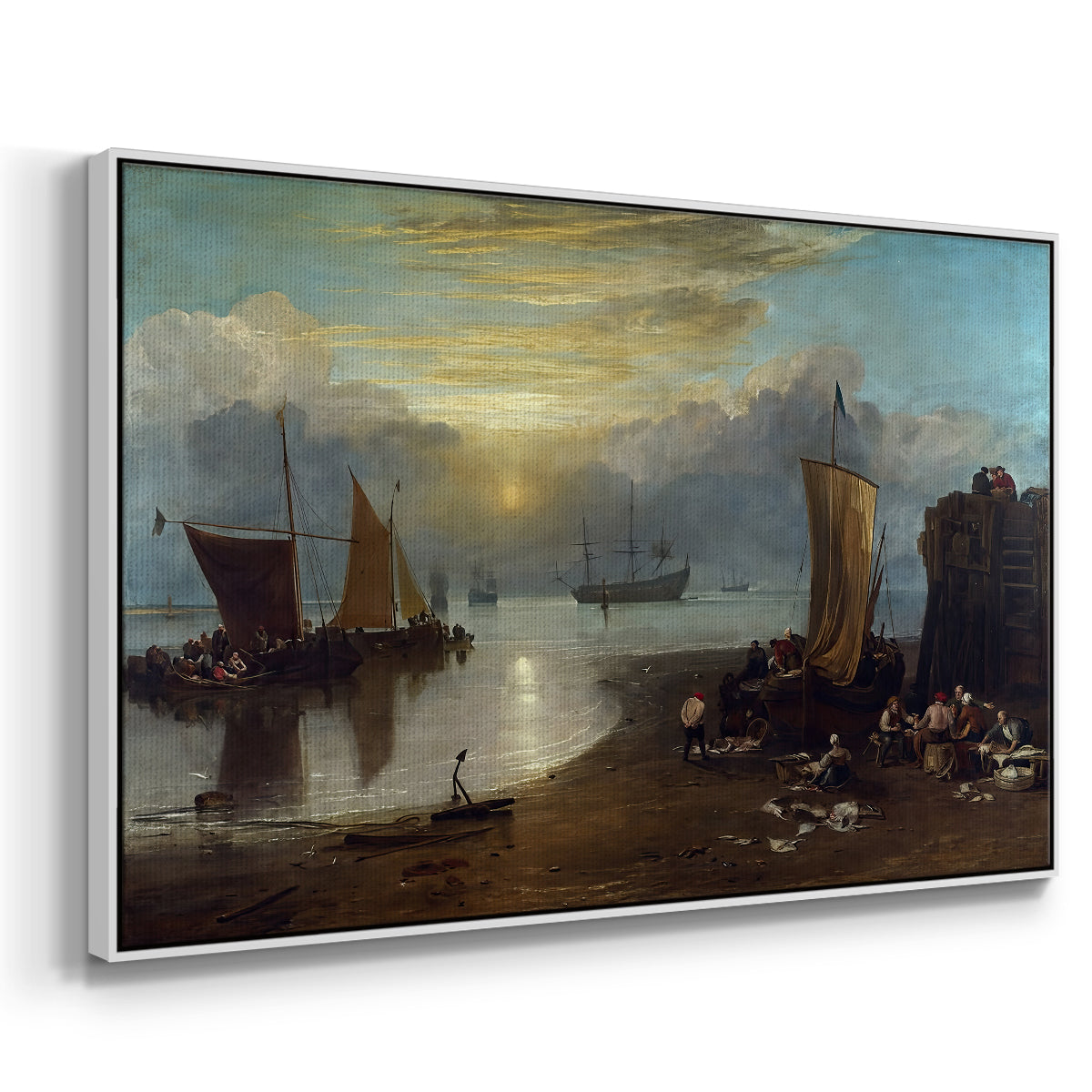 Sun Rising through Vapour: Fishermen Cleaning and Selling Fish, c. 1807 - Floater Framed Canvas Print