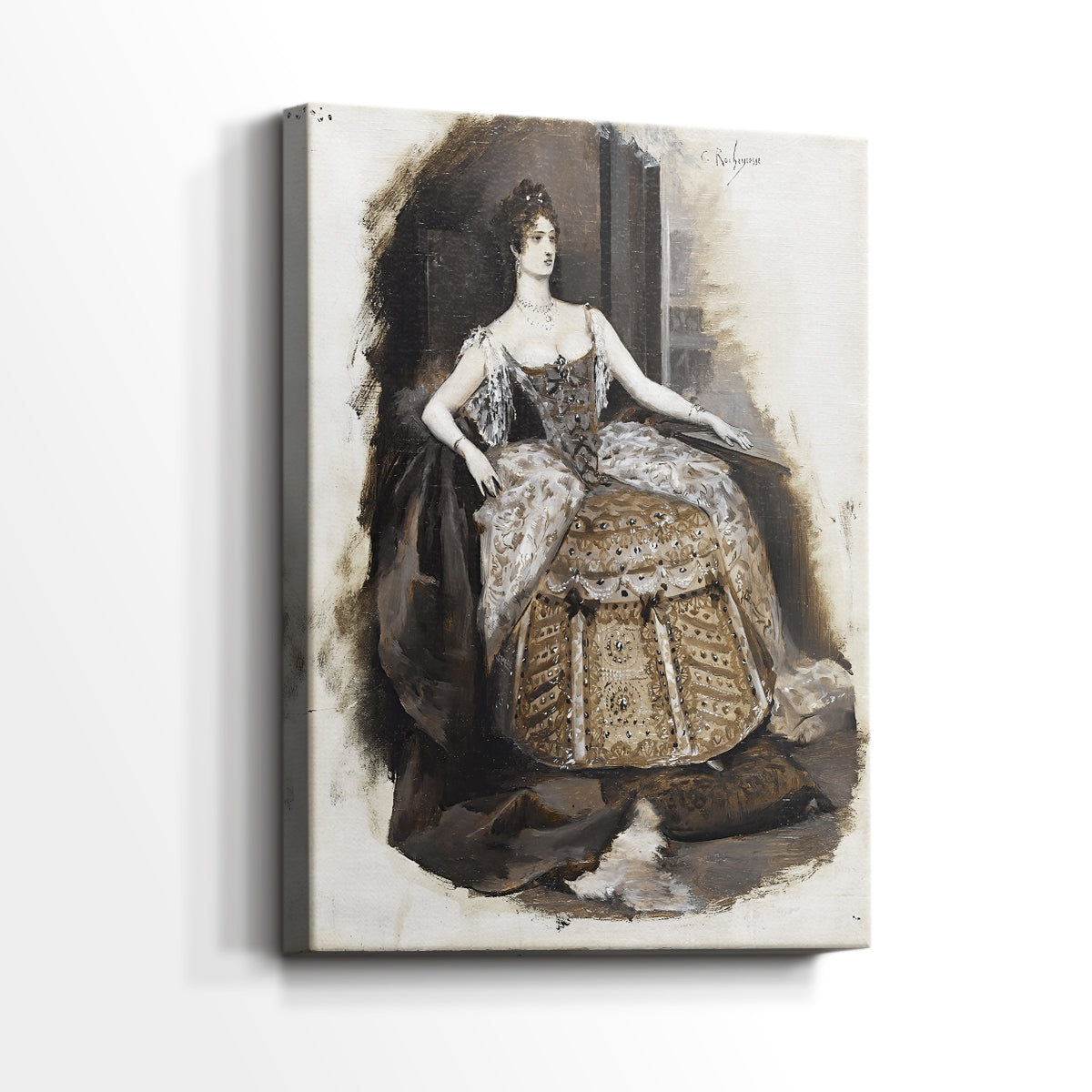 Side view of a canvas art print of a decorative portrait with flowing lines and subtle shading, showing gallery-wrapped depth.