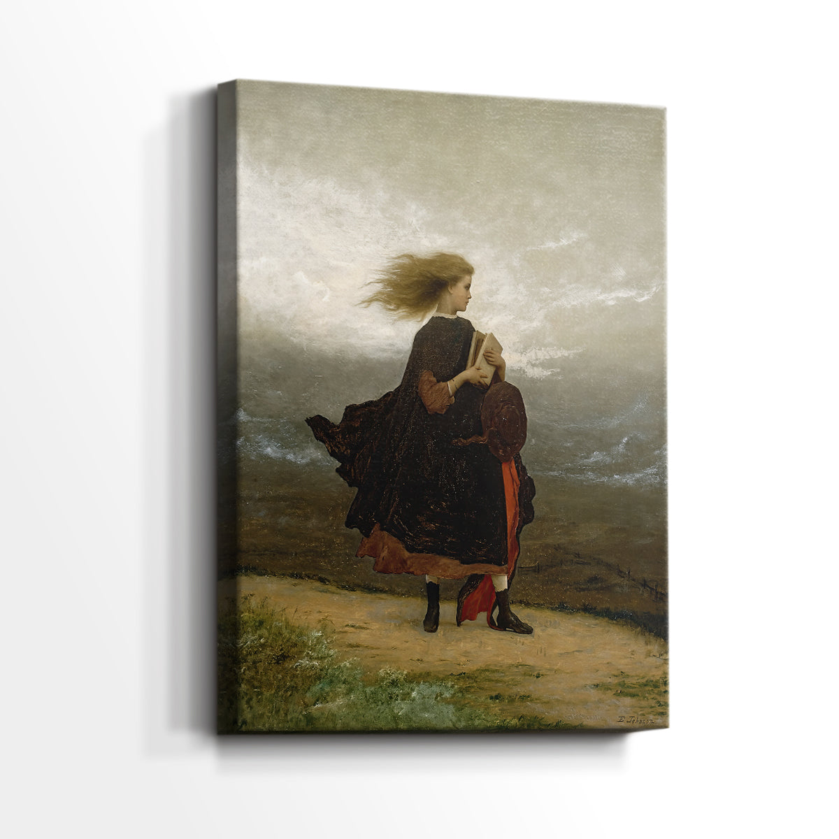 Side view of a canvas art print of a reflective portrait with simple background and calm mood, showing gallery-wrapped depth.