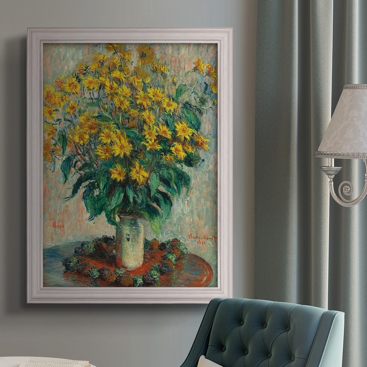 Impressionist floral painting of artichoke flowers by Claude Monet in an {frame_style_descriptor} displayed in a neutral interior setting.