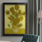 Impressionist sunflower still life painting by Vincent van Gogh in an {frame_style_descriptor} displayed in a neutral interior setting.
