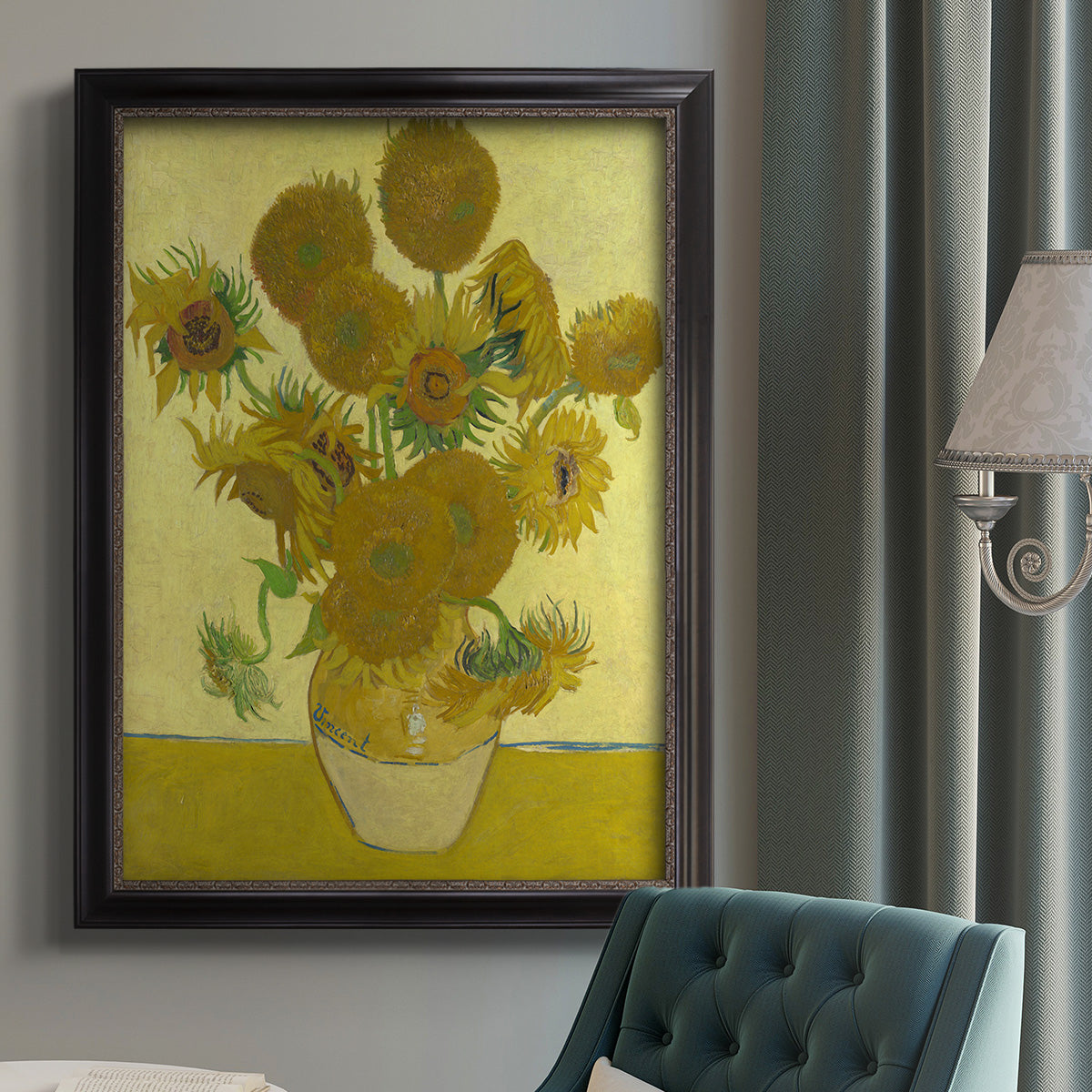Impressionist sunflower still life painting by Vincent van Gogh in an {frame_style_descriptor} displayed in a neutral interior setting.