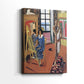 Side view of a canvas art print of a vivid interior with layered patterns and color blocks, showing gallery-wrapped depth.