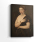 Side view of a canvas art print of a composed portrait with smooth shading and dark background, showing gallery-wrapped depth.