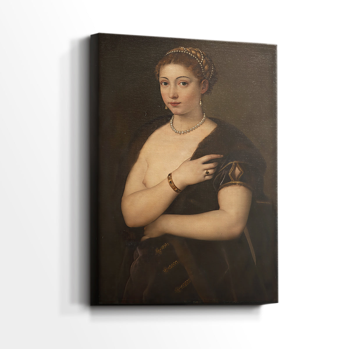 Side view of a canvas art print of a composed portrait with smooth shading and dark background, showing gallery-wrapped depth.
