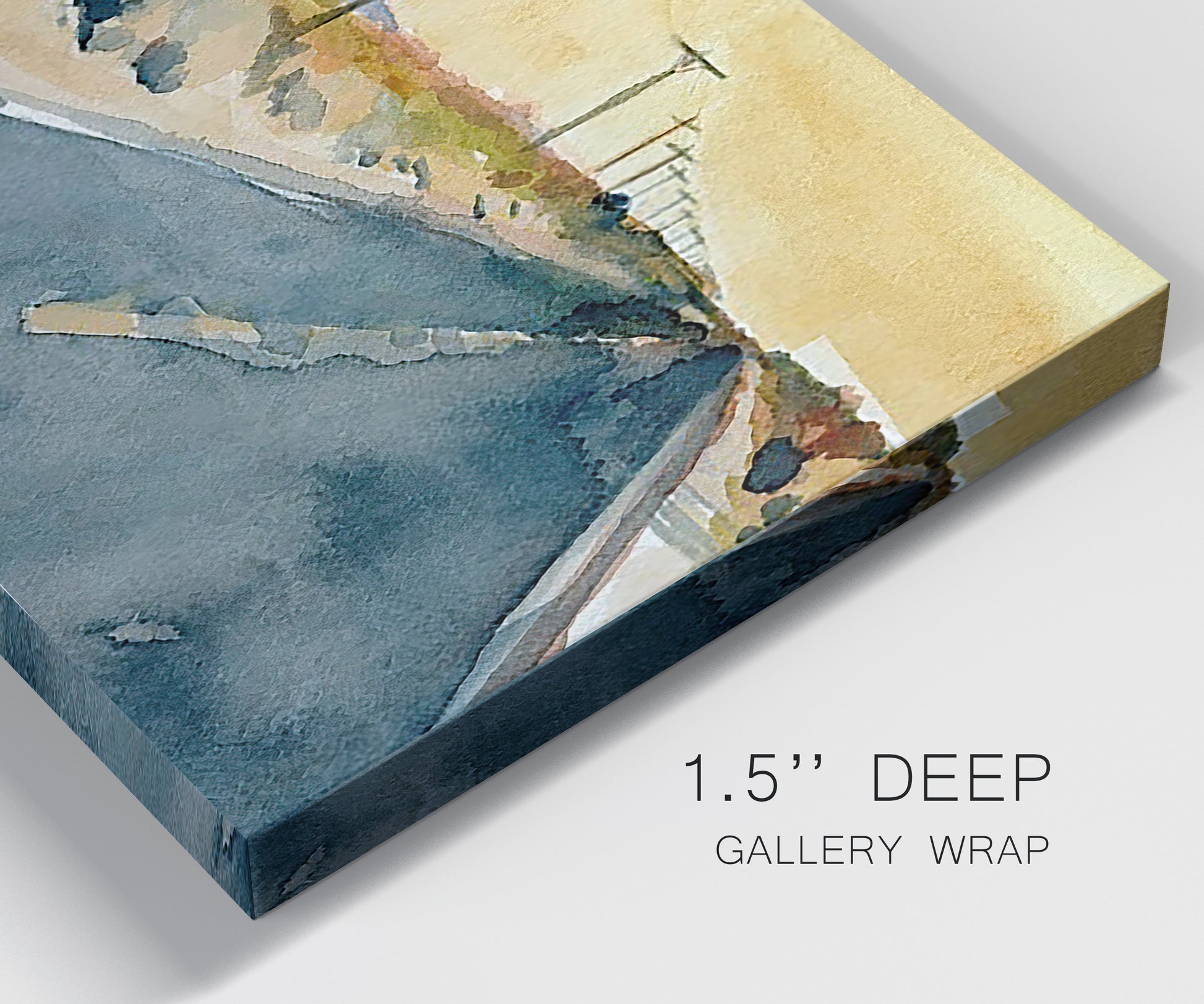 Close-up view of wrapped canvas corner featuring empty highway stretching through landscape.